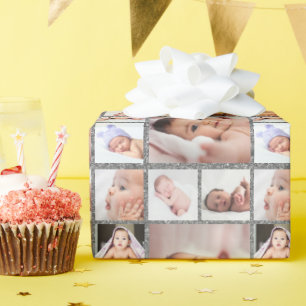 Create Your Own 6 Photo Collage Silver Glitter    Wrapping Paper