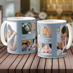 Create Your Own 6 Photo Family Name Dusty Blue Coffee Mug