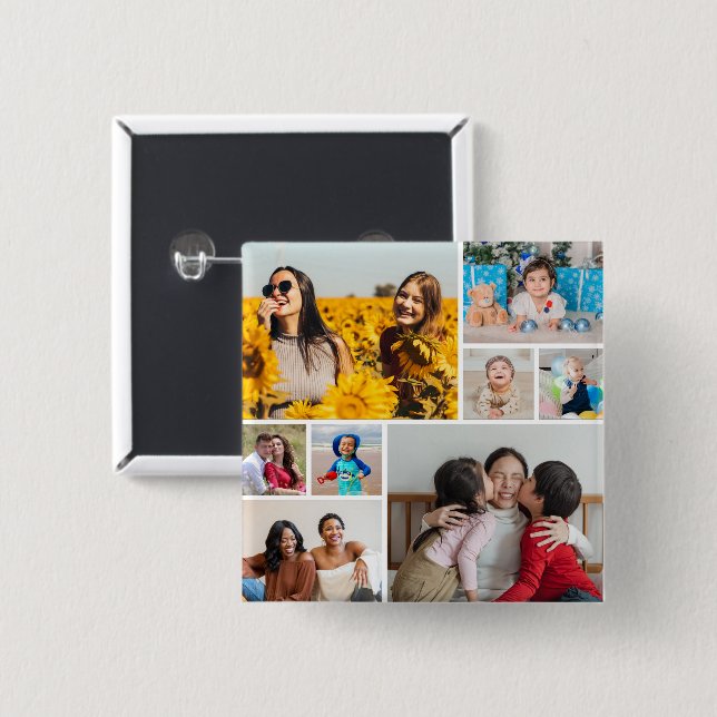 Create Your Own 8 Photo Collage 15 Cm Square Badge (Front & Back)