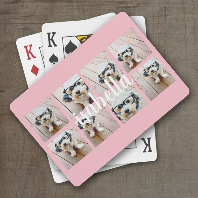 Create Your Own 8 Photo Collage Custom Name Pink Playing Cards (Personalized Playing Cards)