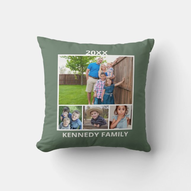 Create Your Own 8 Photo Collage Family Name Green Cushion (Front)