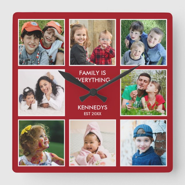 Create Your Own 8 Photo Collage Family Quote Red Square Wall Clock (Front)