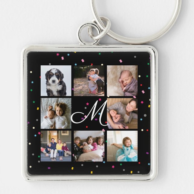 Create Your Own 8 Photo Collage Monogram Black Key Ring (Front)