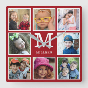 Create Your Own 8 Photo Collage Monogram Red   Square Wall Clock