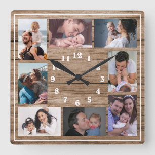 Create Your Own 8 Photo Collage Rustic Wood   Square Wall Clock