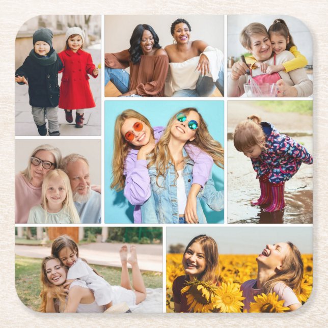 Create Your Own 8 Photo Collage Square Paper Coaster (Front)