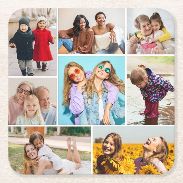 Create Your Own 8 Photo Collage Square Paper Coaster (Front)
