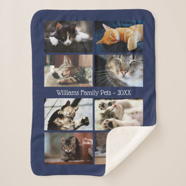 Create Your Own 8 Photo Collage with Name on Navy Sherpa Blanket (Front)
