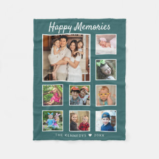Create Your Own 9 Family Photo Collage Green Fleece Blanket