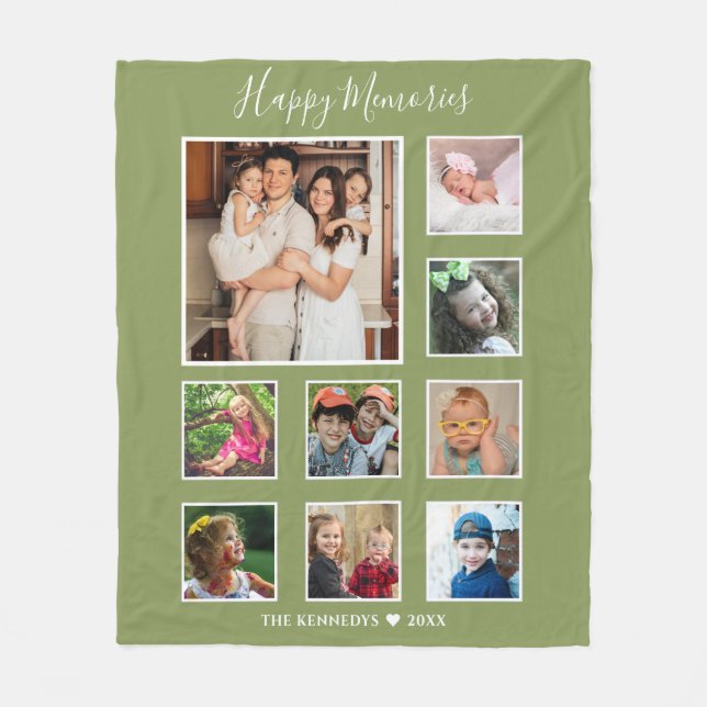 Create Your Own  9 Family Photo Collage Green Fleece Blanket (Front)