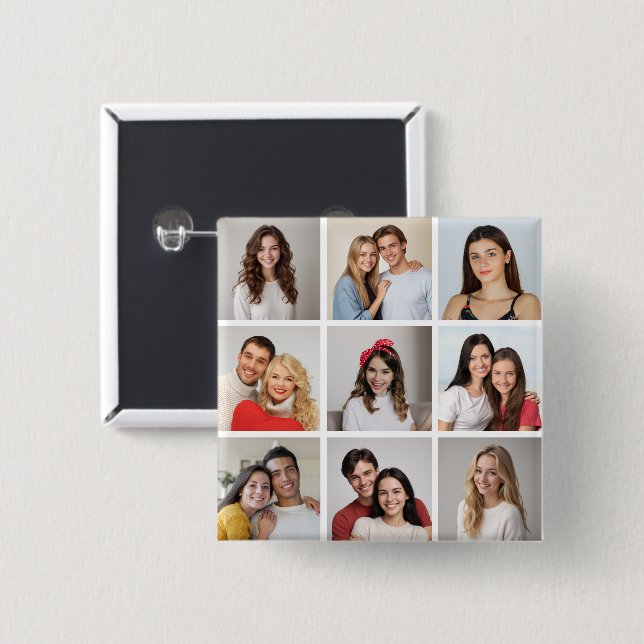 Create Your Own 9 Photo Collage 15 Cm Square Badge (Front & Back)