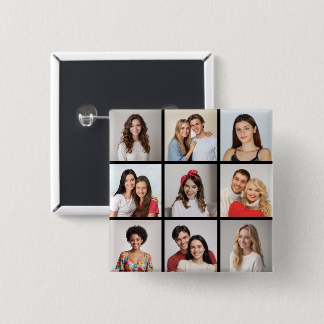 Create Your Own 9 Photo Collage 15 Cm Square Badge (Front & Back)