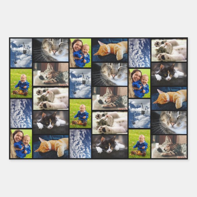 Create Your Own 9 Photo Collage Black Border Wrapping Paper Sheet (Front)