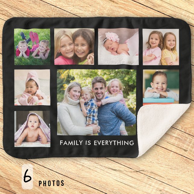 Create Your Own 9 Photo Collage Family Quote Black Sherpa Blanket (Creator Uploaded)