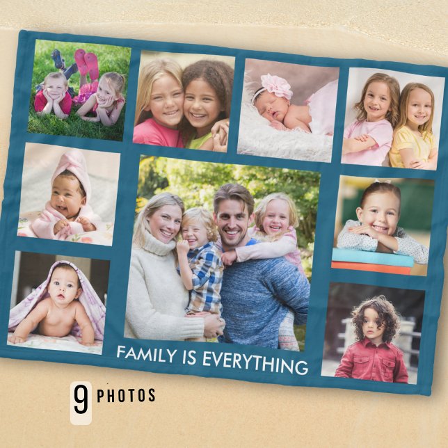 Create Your Own 9 Photo Collage Family Quote Blue Fleece Blanket (Creator Uploaded)
