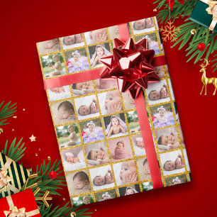 Create Your Own 9 Photo Collage Gold Glitter  Wrapping Paper
