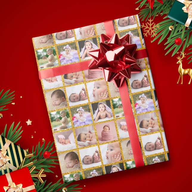 Create Your Own 9 Photo Collage Gold Glitter  Wrapping Paper (Creator Uploaded)