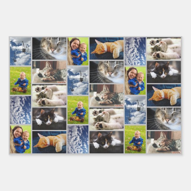 Create Your Own 9 Photo Collage Grey Border Wrapping Paper Sheet (Front)