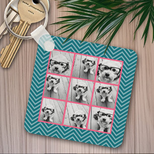Create Your Own 9 Photo Collage Pink Blue Chevrons Key Ring