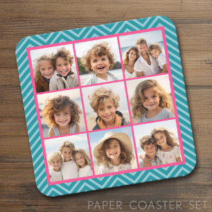 Create Your Own 9 Photo Collage Pink Blue Chevrons Square Paper Coaster