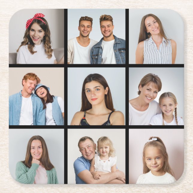 Create Your Own 9 Photo Collage Square Paper Coaster (Front)