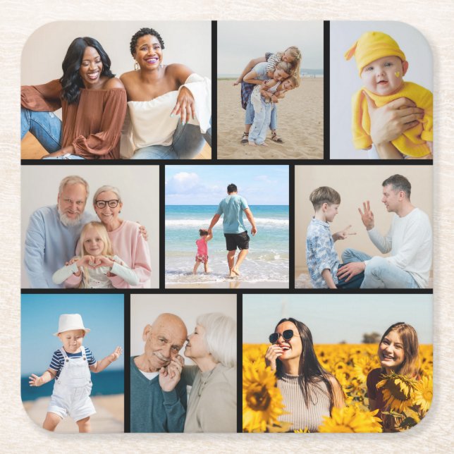 Create Your Own 9 Photo Collage Square Paper Coaster (Front)