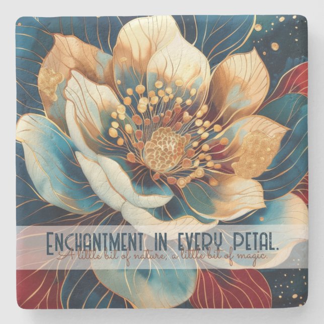 Create Your Own Abstract Gilded Ivory Teal Flower Stone Coaster (Front)