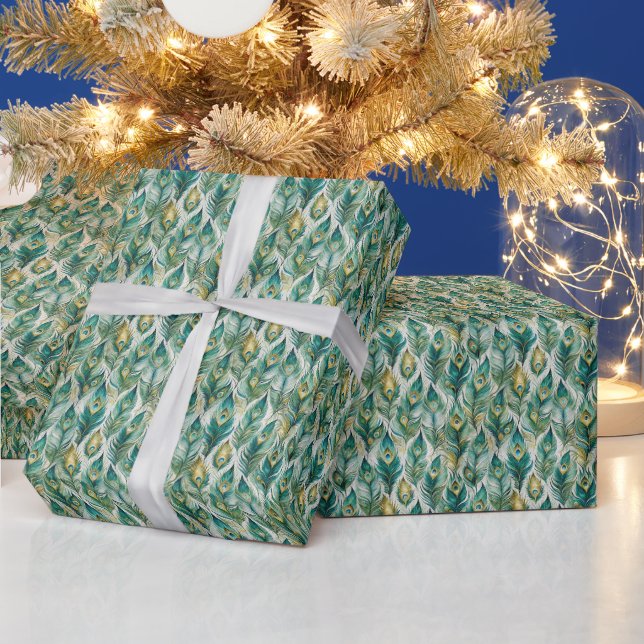 Create Your Own Abstract Teal Peacock Feathers Wrapping Paper (Holidays)