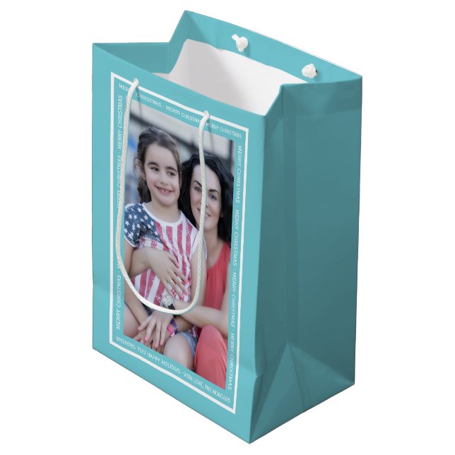 Create your own aqua blue Christmas holiday photo Medium Gift Bag (Front Angled)