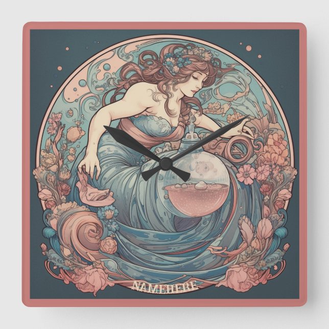 Create Your Own Art Nouveau Aquarius Zodiac Square Wall Clock (Front)