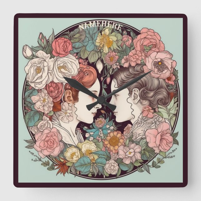 Create Your Own Art Nouveau Gemini Zodiac Square Wall Clock (Front)