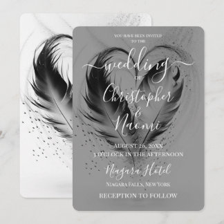 Create Your Own B&W Heart Feathers Wedding Invitation