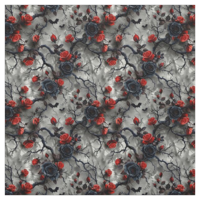 Create Your Own Bats Red Rose Gothic Grey Fabric (Swatch)