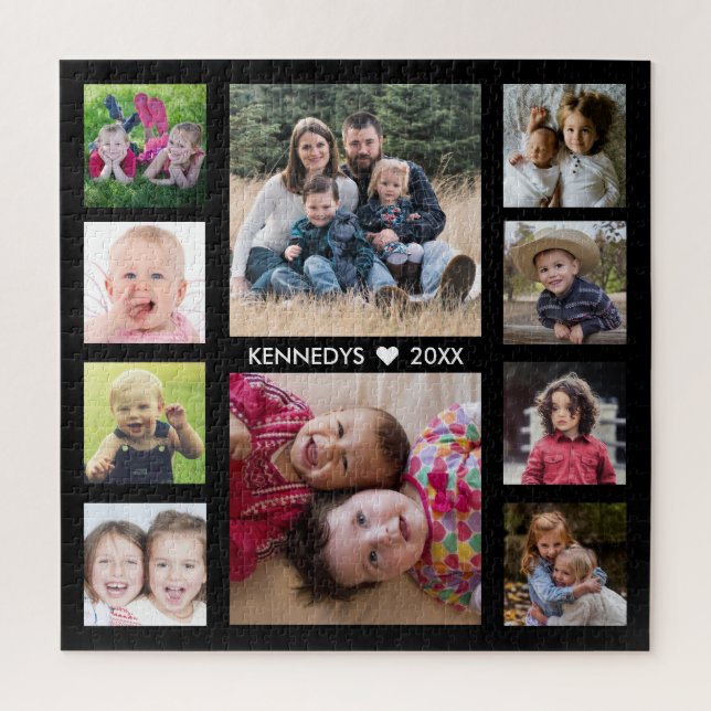 Create Your Own Black 10 Photo Collage Family Name Jigsaw Puzzle (Vertical)