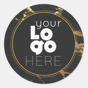 Create Your Own Black& Gold Faux Marble White Logo Classic Round Sticker