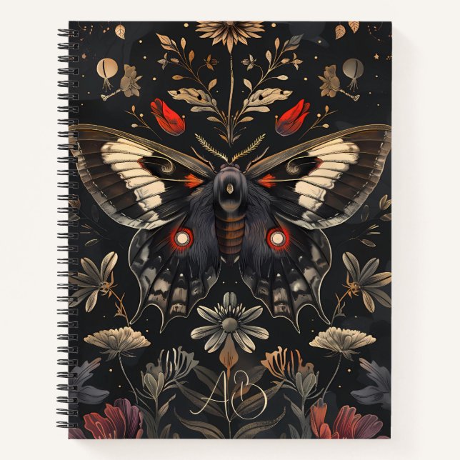 Create Your Own Black Gold Moth Red Floral Notebook (Front)