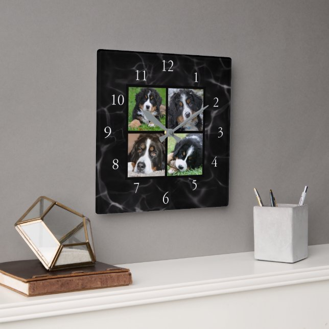 Create your own black marble family photo collage square wall clock (Office)