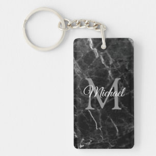 Create Your Own Black Marble Monogram Rectangle Key Ring