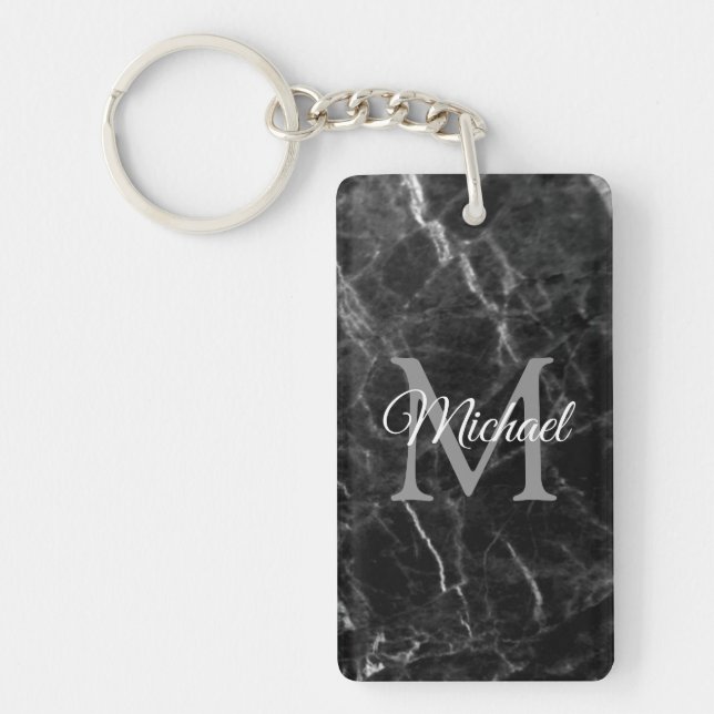 Create Your Own Black Marble Monogram Rectangle Key Ring (Front)