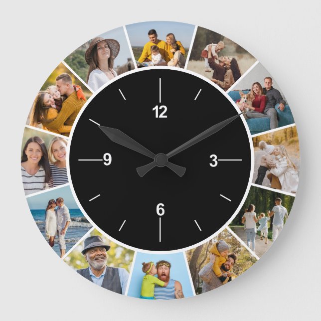Create Your Own Black & White 12 Photo Collage  Large Clock (Front)