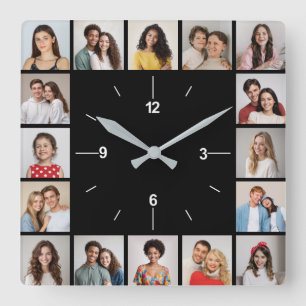 Create Your Own Black & White 16 Photo Collage Square Wall Clock