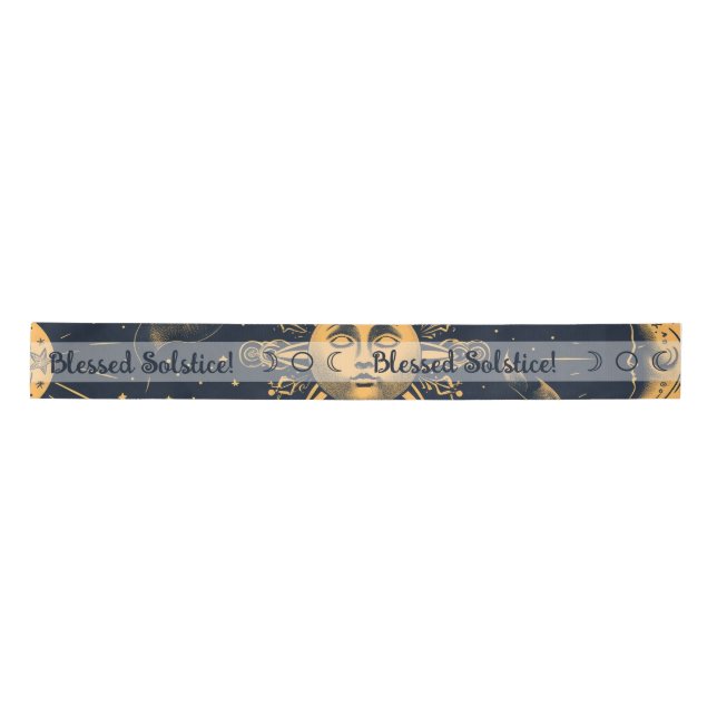 Create Your Own Blue Gold Celestial Moon & Stars Satin Ribbon (Front)