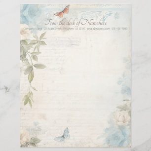 Create Your Own Blue Shabby Chic Buttefly Roses Custom Letterhead