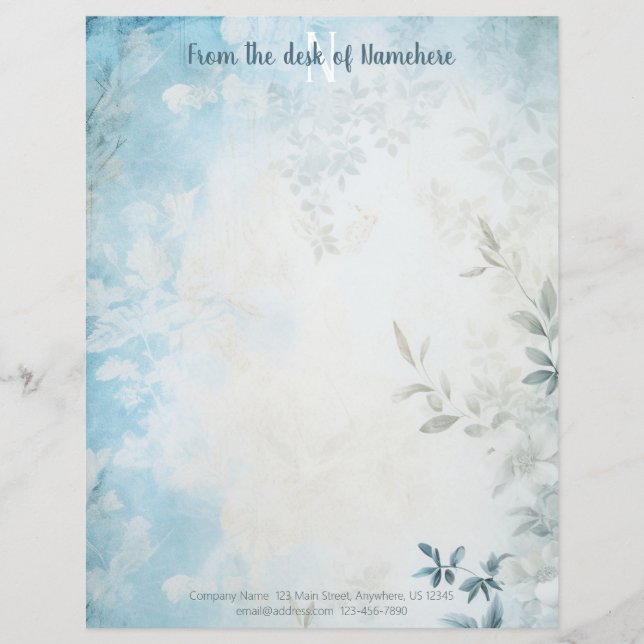 Create Your Own Blue Shabby Chic Leaves Custom Letterhead (Front)
