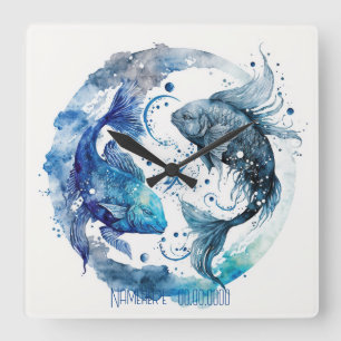 Create Your Own Blue & Teal Pisces Zodiac Square Wall Clock