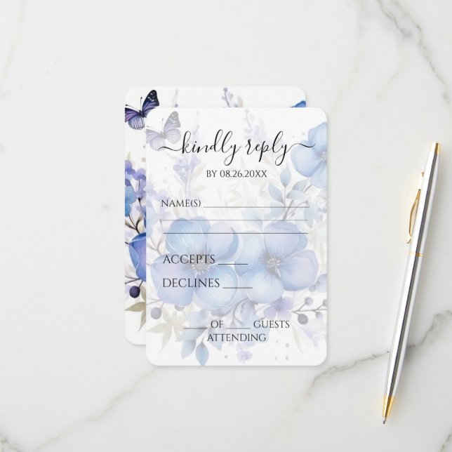 Create Your Own Blue Watercolor Butterfly Flowers RSVP Card (Front/Back In Situ)