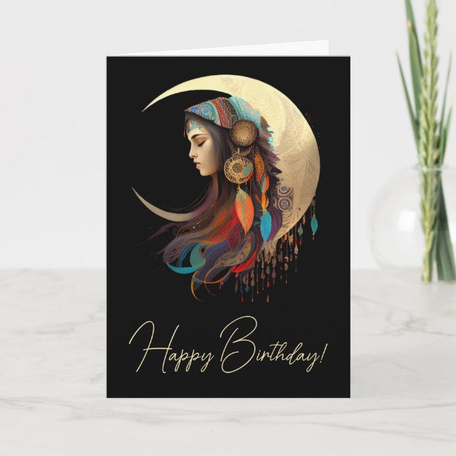 Create Your Own Boho Crescent Moon & Feathers Holiday Card (Front)