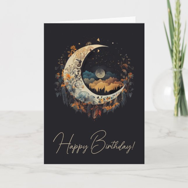 Create Your Own Boho Crescent Moon Landscape Holiday Card (Front)