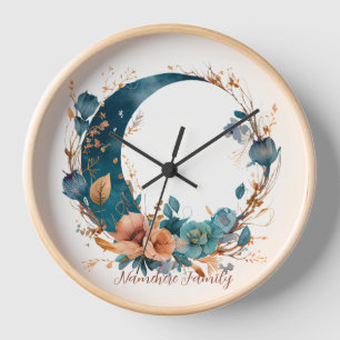 Create Your Own Boho Teal & Peach Floral Moon Clock
