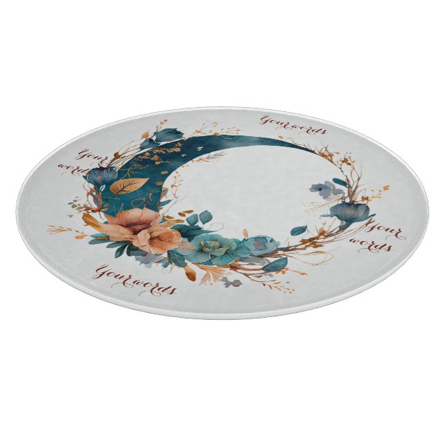 Create Your Own Boho Teal & Peach Floral Moon Cutting Board (Corner)